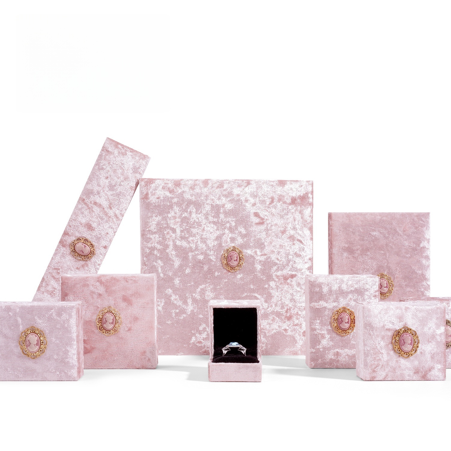 Pink Velvet Jewelry Boxes with Gold Decor - Star, Moon, Planet & Cameo Designs