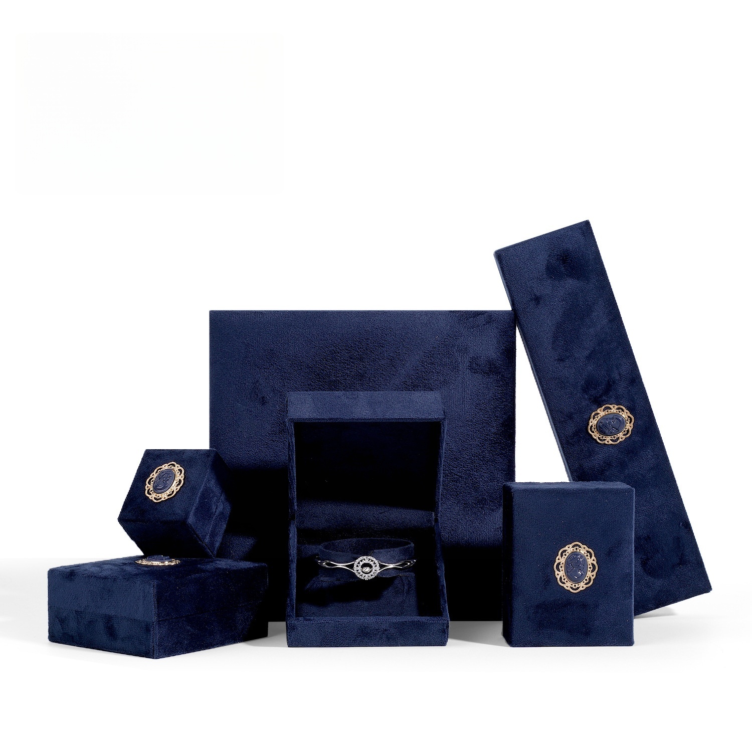 Navy Blue Velvet Jewelry Boxes with Gold Accents - Elegant Storage for Jewels