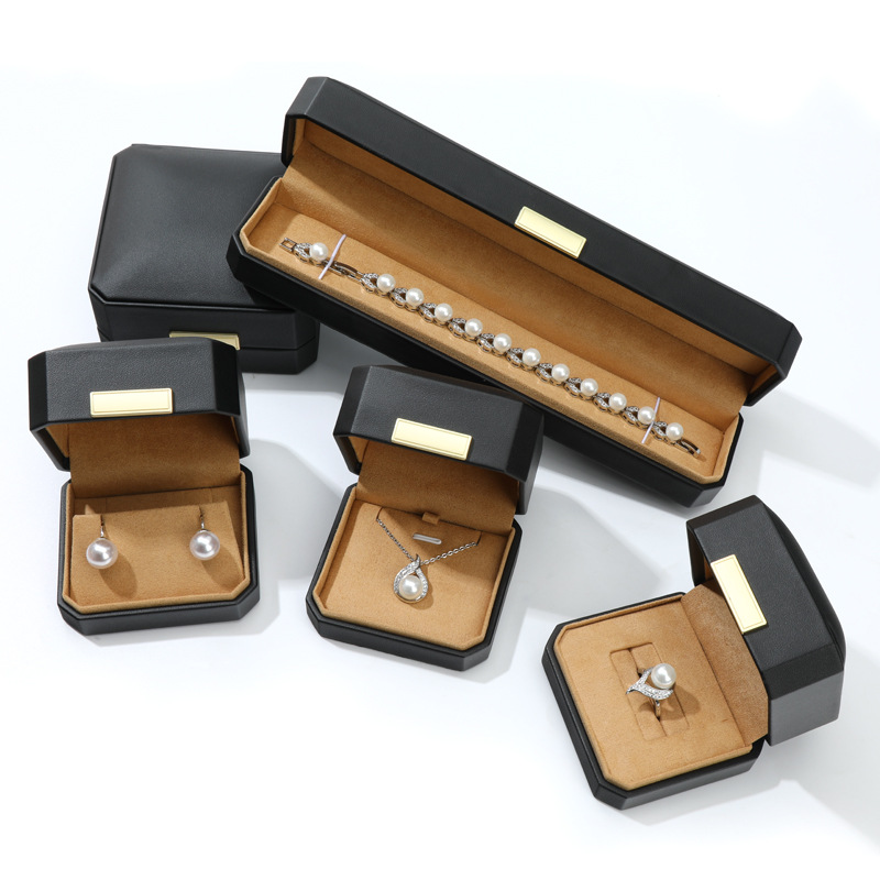 Black Leather Jewelry Box Set with Gold Accents