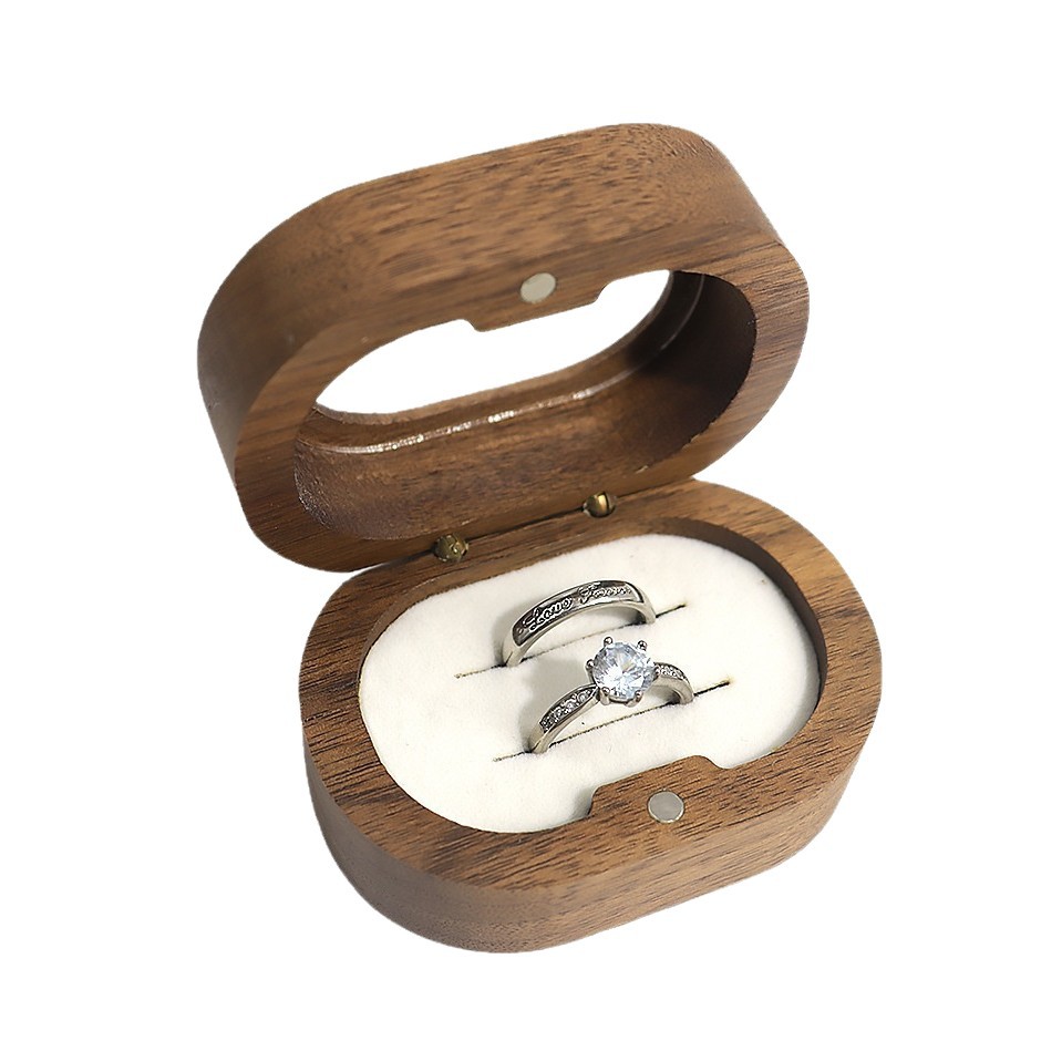Solid Wood Walnut Jewelry Boxes with Oval Acrylic Window for Earrings, Rings & Proposals