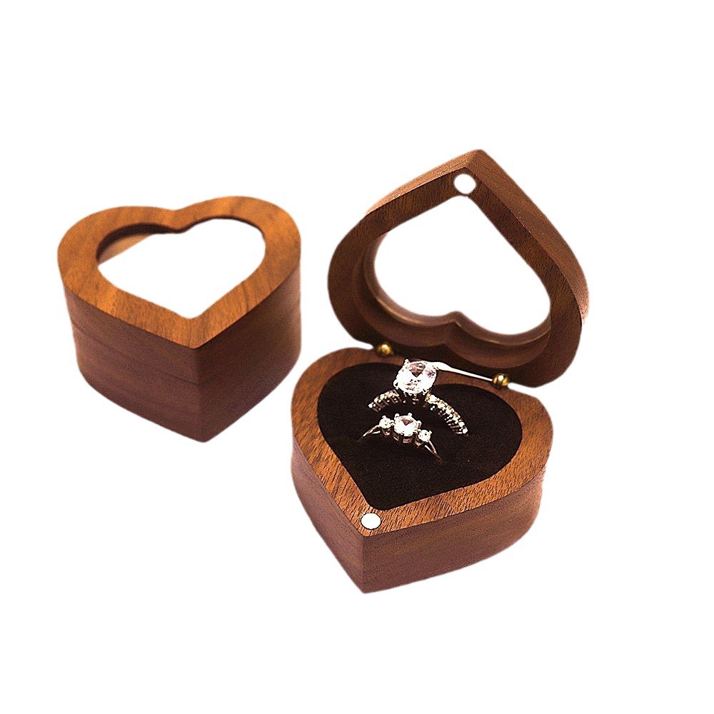 Heart - shaped Open - window Solid Black Walnut Jewelry Boxes for Engagement Rings
