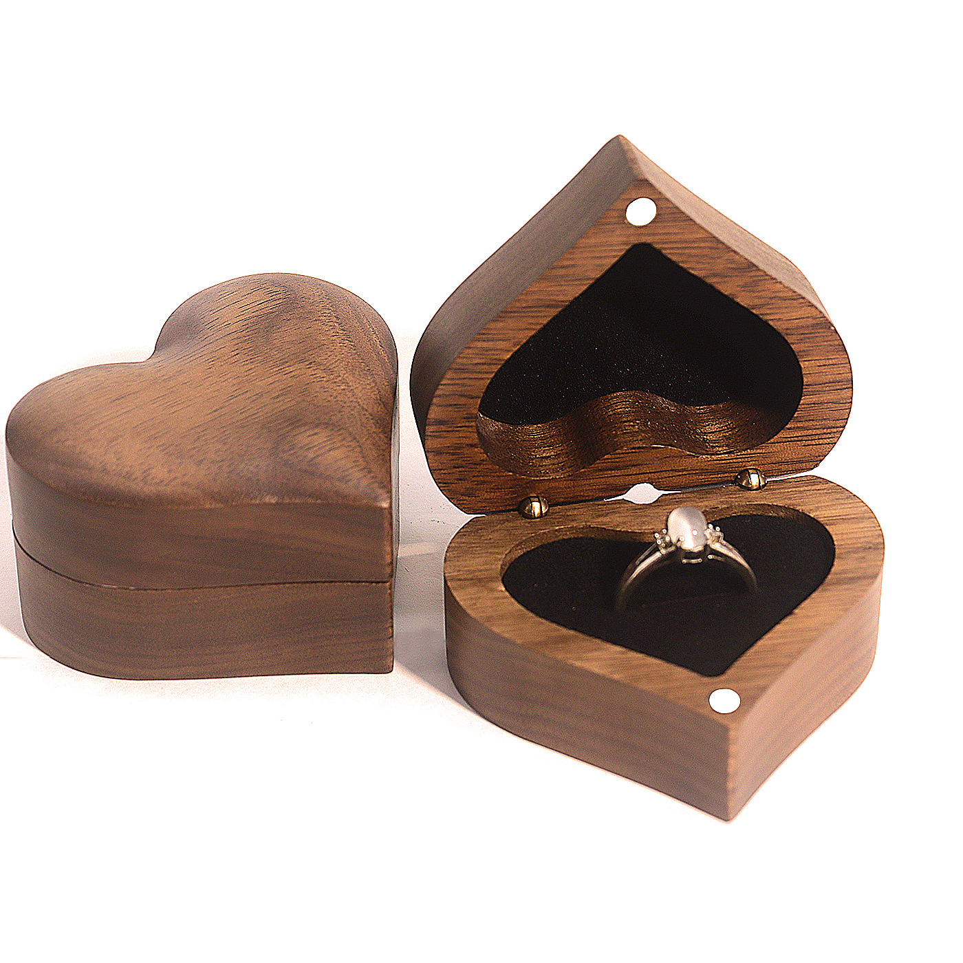 Relief Heart - shaped Solid Black Walnut Ring Boxes for Engagement Proposals